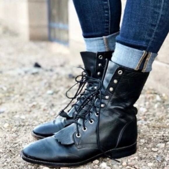 JUSTIN Boot Women's 6.5 Lace Up Roper Kiltie Boot Black Steampunk Cowgirl Combat - Picture 2 of 14